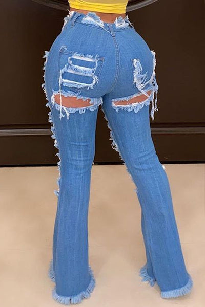 Dark Blue Denim Distressed All Over Torn Bell Bottom Jeans