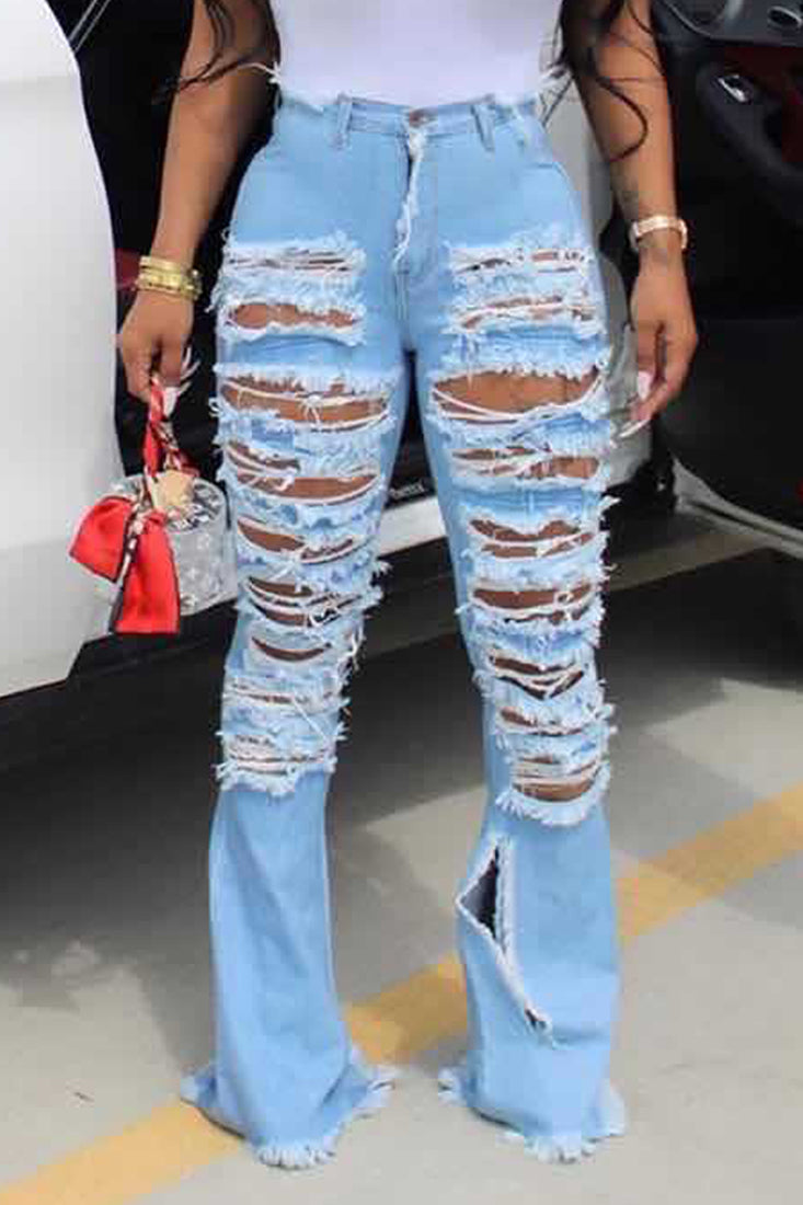 Light Blue Denim Distressed All Over Torn Bell Bottom Jeans