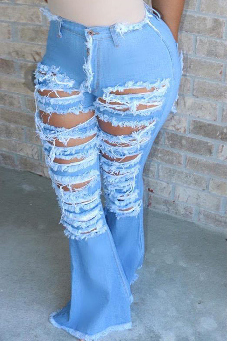 Light Blue Denim Distressed All Over Torn Bell Bottom Jeans