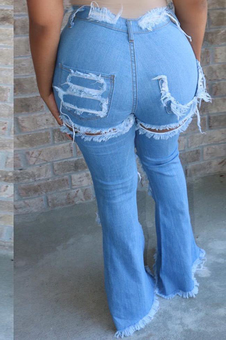 Light Blue Denim Distressed All Over Torn Bell Bottom Jeans