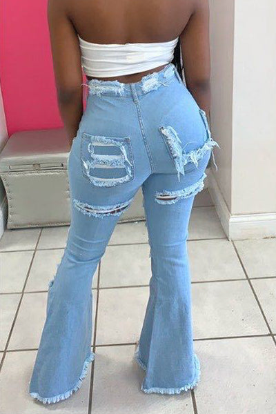 Light Blue Denim Distressed All Over Torn Bell Bottom Jeans