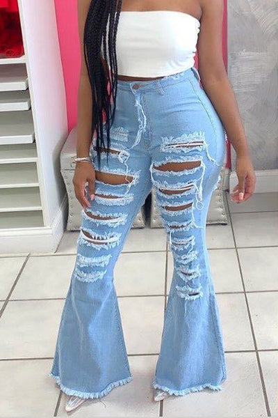 Light Blue Denim Distressed All Over Torn Bell Bottom Jeans