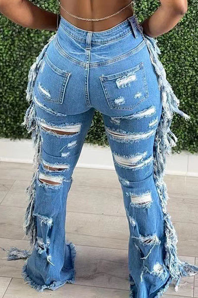 Blue Denim Fringe Distressed Holes Sexy Flare Jeans