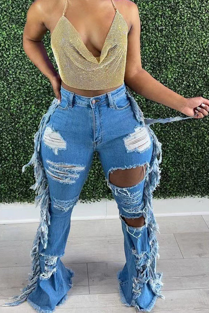 Blue Denim Fringe Distressed Holes Sexy Flare Jeans