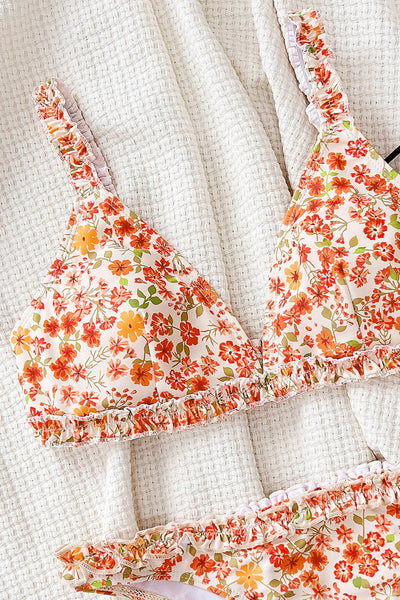 Orange Flower Print Ruffle  Cheeky 2Pc Sexy Bikini Swimsuit