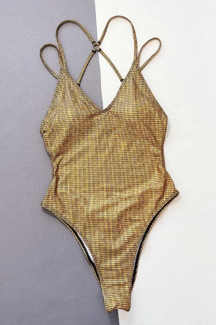 Gold Metallic Strappy Backless Ruched Butt Sexy 1Pc Swimsuit Monokini