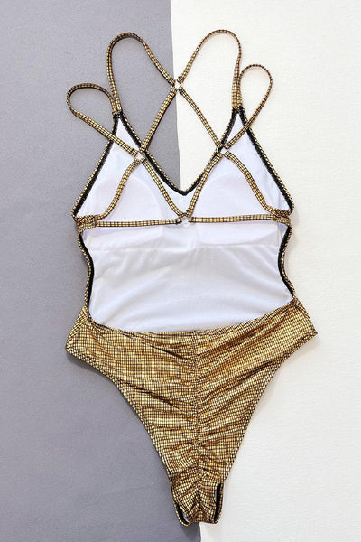 Gold Metallic Strappy Backless Ruched Butt Sexy 1Pc Swimsuit Monokini - AMIClubwear