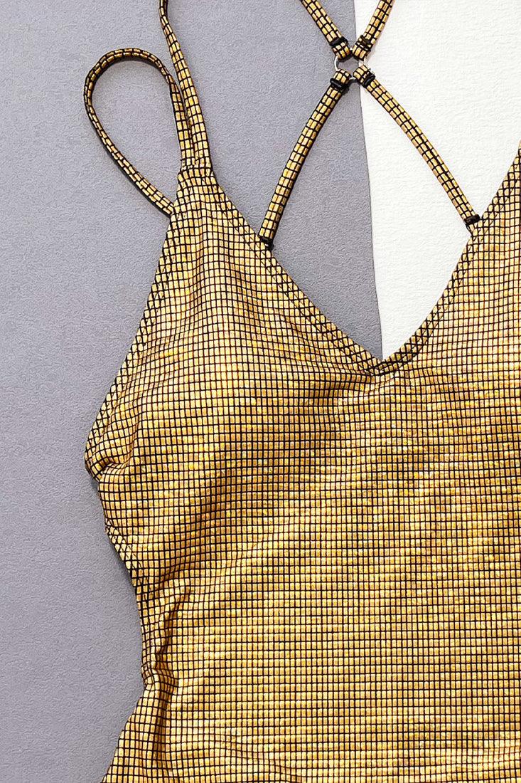 Gold Metallic Strappy Backless Ruched Butt Sexy 1Pc Swimsuit Monokini - AMIClubwear
