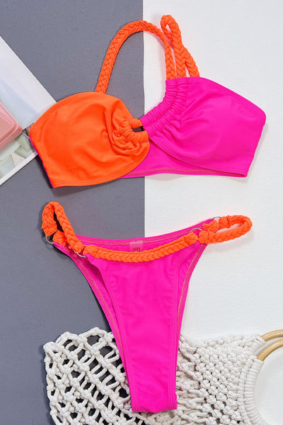 Pink Orange One Shoulder Braided Sexy 2Pc Cheeky Swimsuit Set