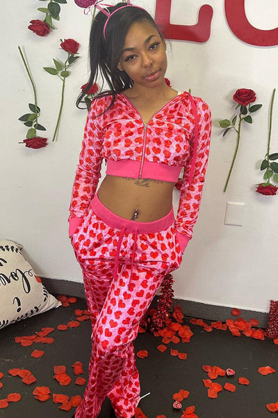 Pink Velvet Red Hearts Crop Hoodie Pants 2Pc Sexy Set Outfit