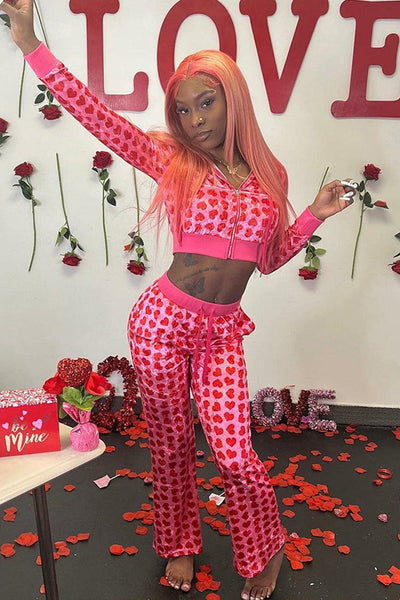 Pink Velvet Red Hearts Crop Hoodie Pants 2Pc Sexy Set Outfit - AMIClubwear