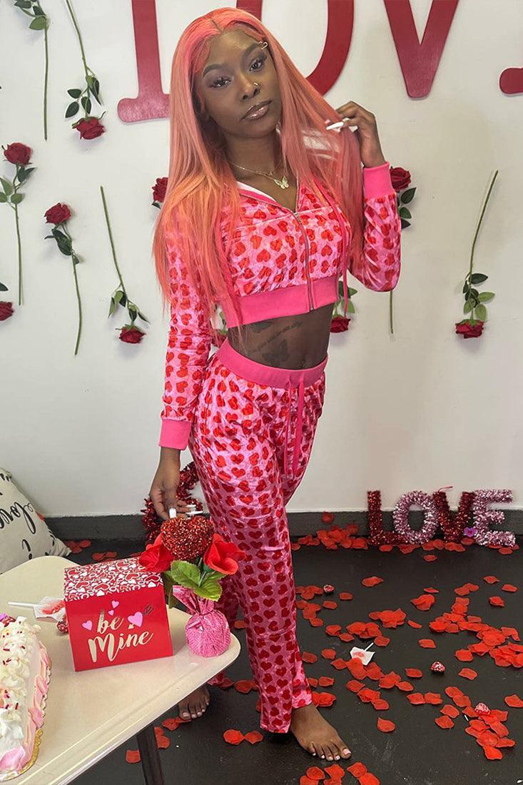 Pink Velvet Red Hearts Crop Hoodie Pants 2Pc Sexy Set Outfit - AMIClubwear