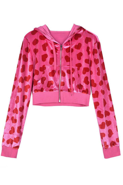 Pink Velvet Red Hearts Crop Hoodie Pants 2Pc Sexy Set Outfit