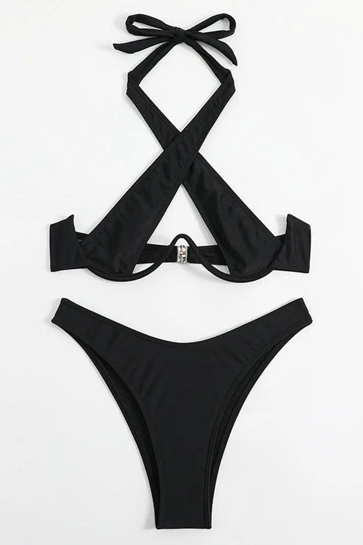 Black Ultra Sexy Wired Halter Cheeky Bottom 2Pc Bikini Swimsuit