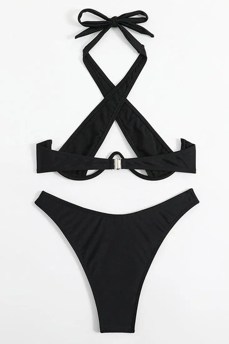 Black Ultra Sexy Wired Halter Cheeky Bottom 2Pc Bikini Swimsuit