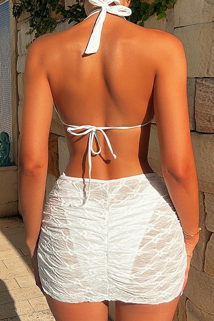 White Textured Stretchy Fabric Plunging V Monokini Skirt Cover-Up 2Pc Swimsuit Set - AMIClubwear