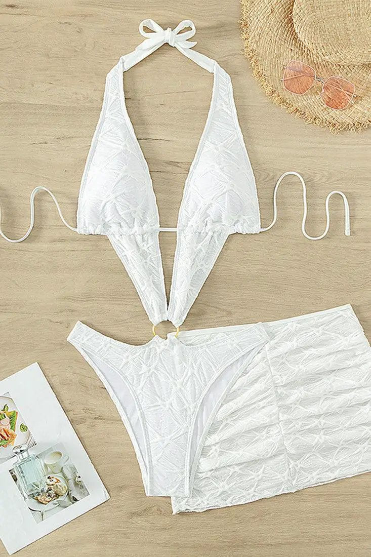 White Textured Stretchy Fabric Plunging V Monokini Skirt Cover-Up 2Pc Swimsuit Set