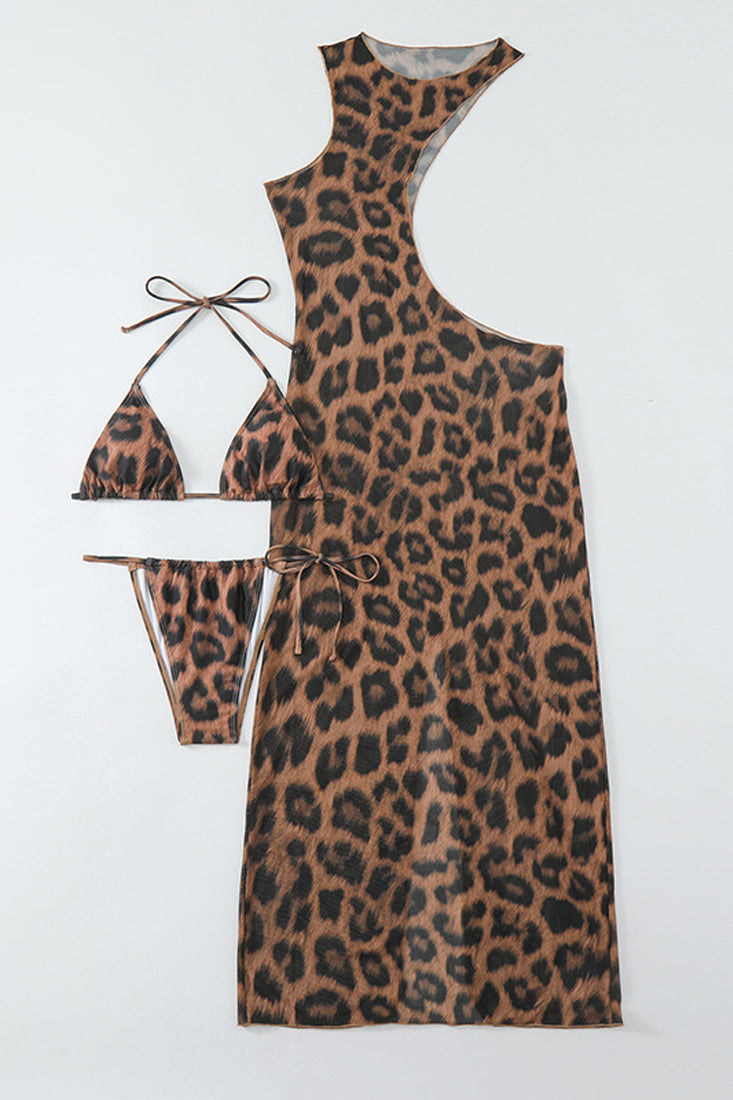 Leopard Print Triangle Cheeky Asymmetrical Cover-Up 3Pc Sexy Swimsuit Set