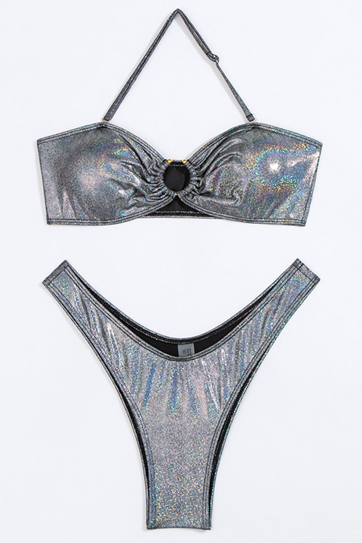 Silver Holographic Bandeau Halter Cheeky Sexy 2Pc Swimsuit Bikini