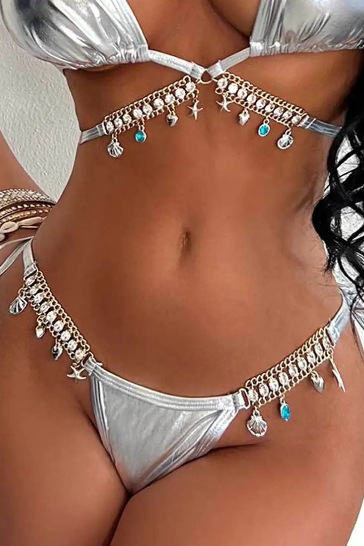 Silver Metallic Rhinestone Starfish Charm 2Pc Swimsuit Bikini