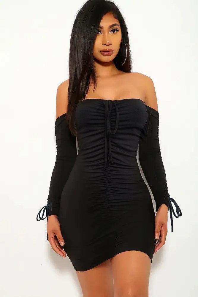 Black Ruched Off Shoulder Long Sleeve Dress FD6116 - AMIClubwear