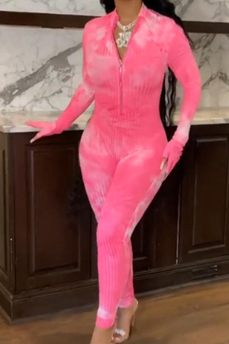 Hot Pink Tie Dye Gloved Zipper Sexy Fitted Jumpsuit - AMIClubwear