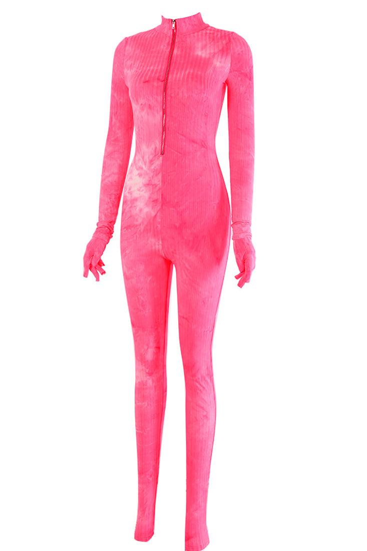 Hot Pink Tie Dye Gloved Zipper Sexy Fitted Jumpsuit - AMIClubwear