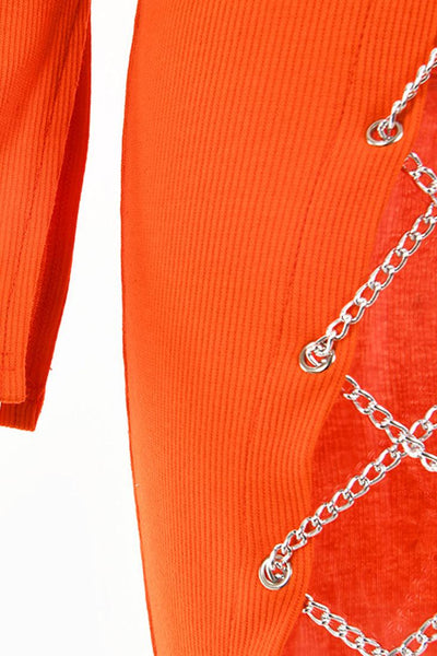Orange Long Sleeve Slit Chain Lace Up Fitted Mini Sexy Dress