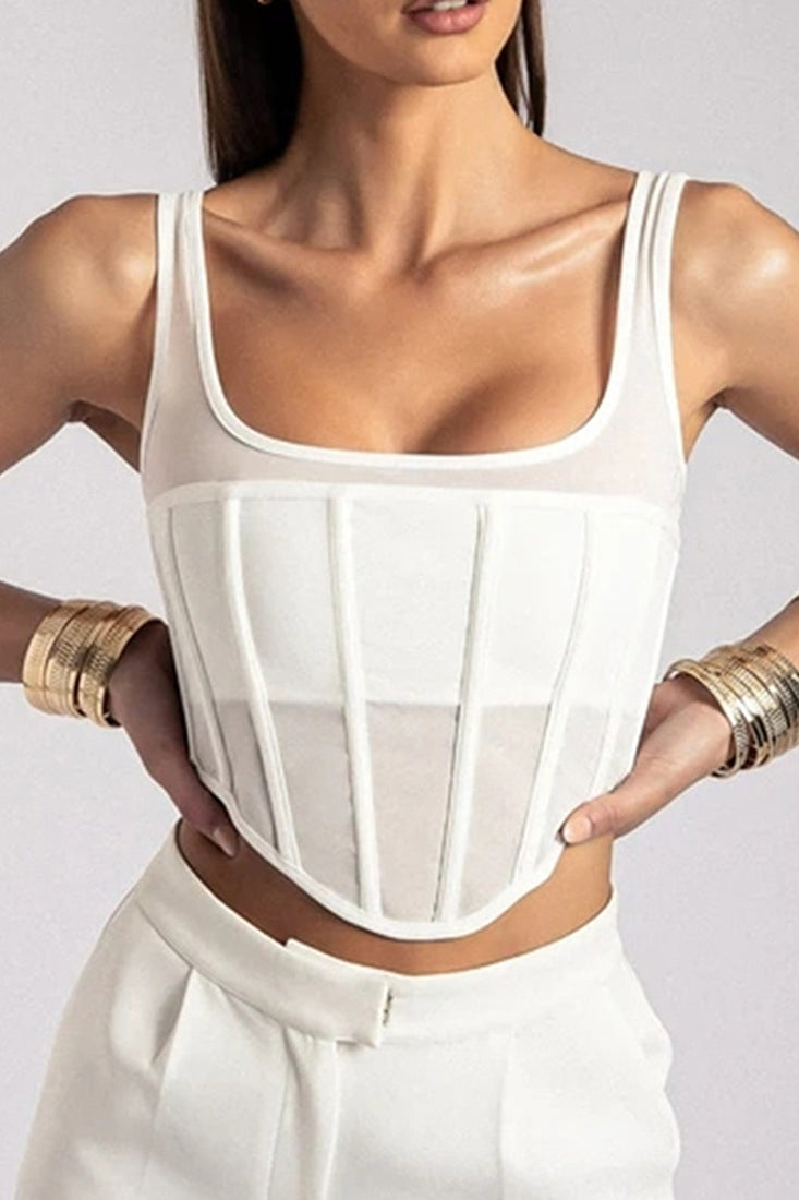 White Mesh Boned Corset Back Zipper Sexy Top