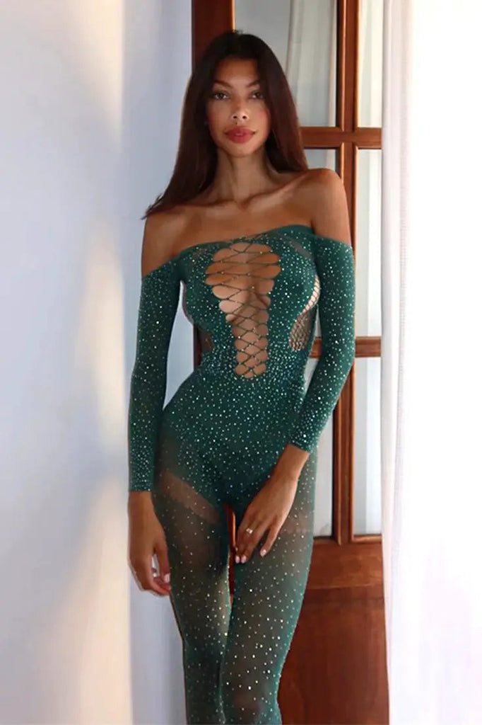 Green Rhinestone Covered Sexy Stretchy Fitted Netted Long Sleeve Jumpsuit