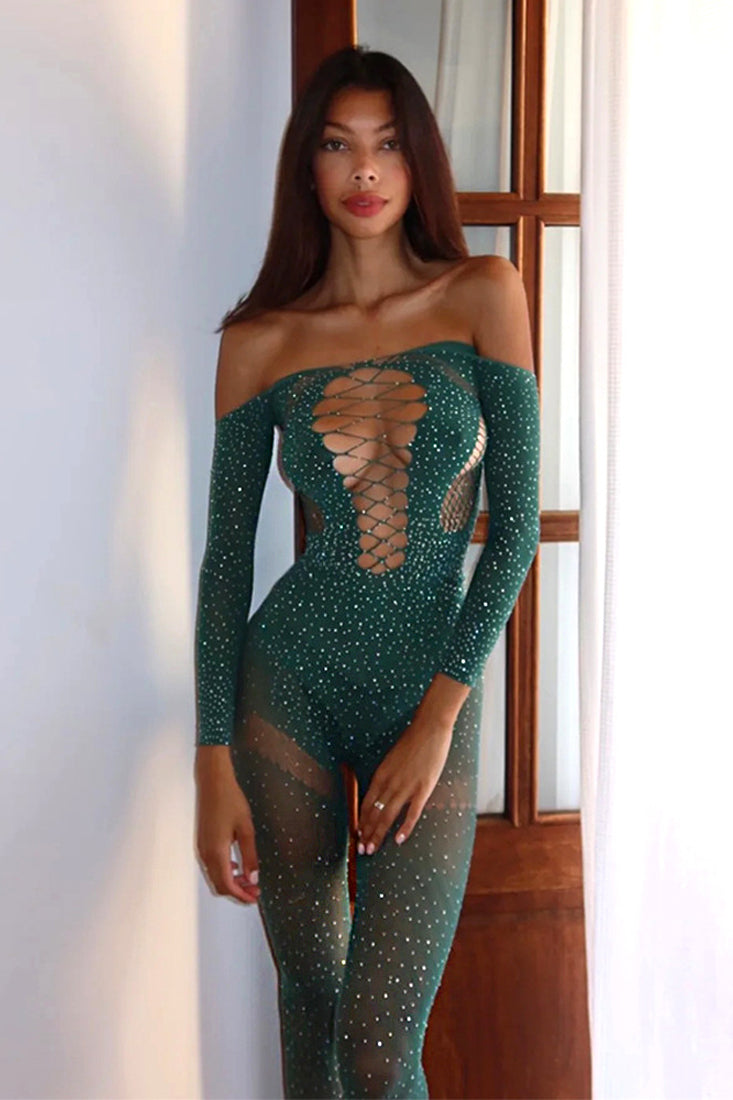 Green Rhinestone Covered Sexy Stretchy Fitted Netted Long Sleeve Jumpsuit