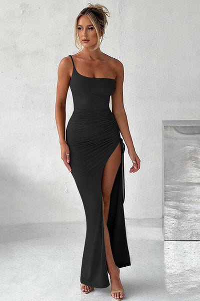 Black One Shoulder High Slit Draw String Full Length Maxi Party Dress - AMIClubwear