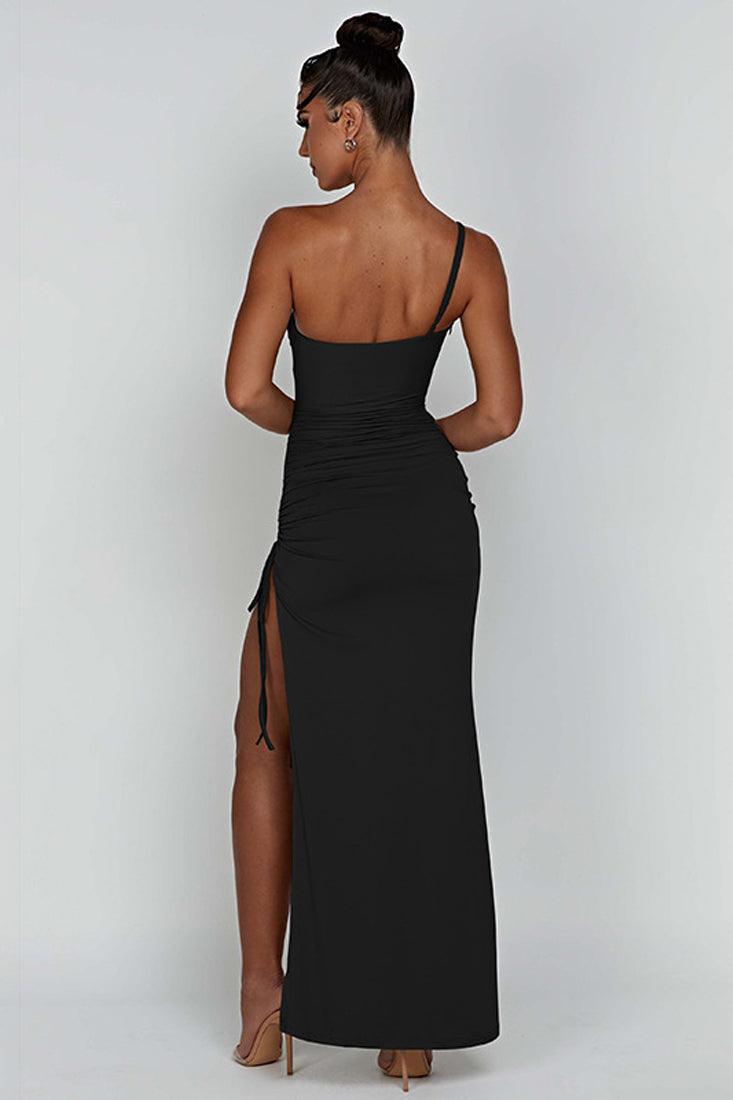 Black One Shoulder High Slit Draw String Full Length Maxi Party Dress - AMIClubwear