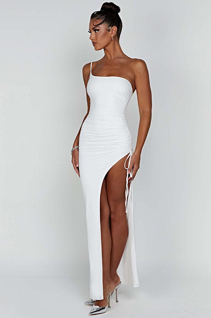 White One Shoulder High Slit Draw String Full Length Maxi Party Dress - AMIClubwear