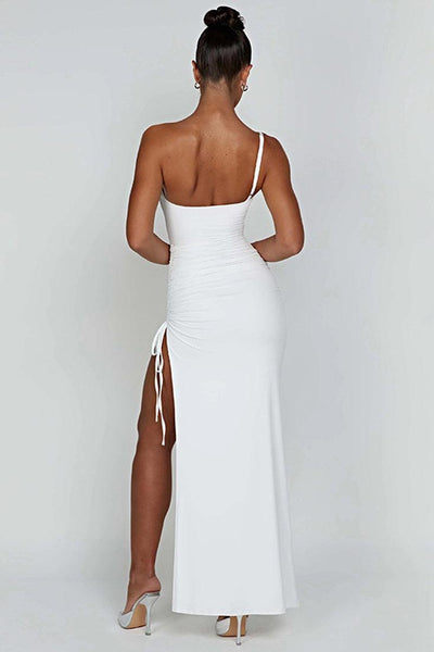 White One Shoulder High Slit Draw String Full Length Maxi Party Dress - AMIClubwear