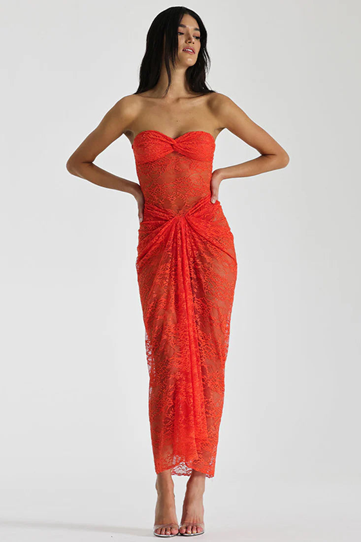 Orange Lace Layered Ruched Sexy Maxi Party Resort Dress