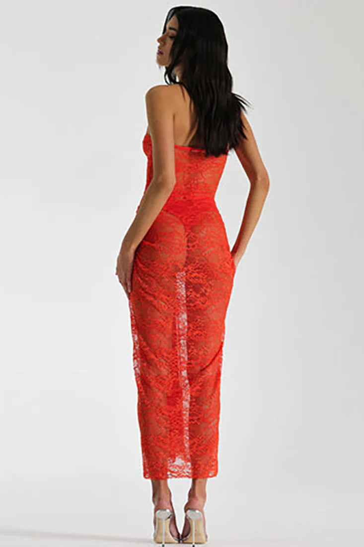 Orange Lace Layered Ruched Sexy Maxi Party Resort Dress