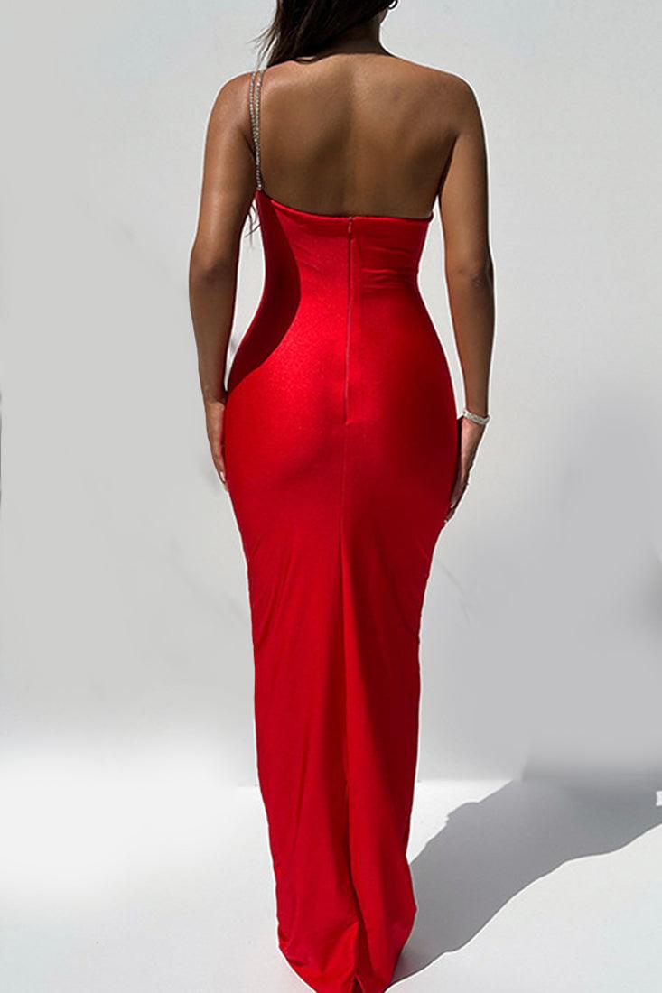 Red Rhinestone One Shoulder Back Slit Full Length Maxi Sexy Party Dress - AMIClubwear