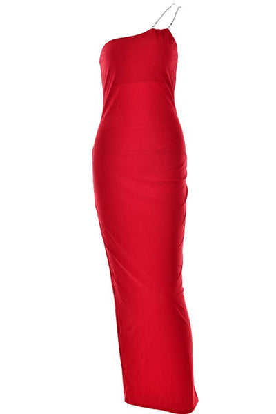 Red Rhinestone One Shoulder Back Slit Full Length Maxi Sexy Party Dress - AMIClubwear