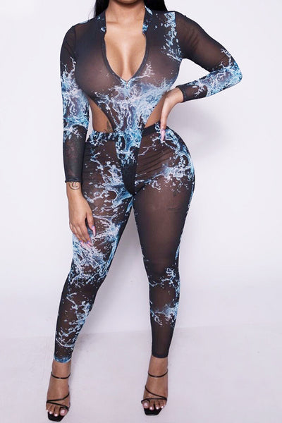 Black Printed Sheer Mesh Long Sleeve Bodysuit Leggings 2Pc Outfit