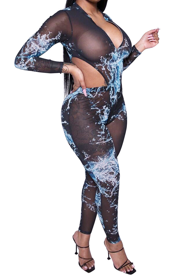 Black Printed Sheer Mesh Long Sleeve Bodysuit Leggings 2Pc Outfit