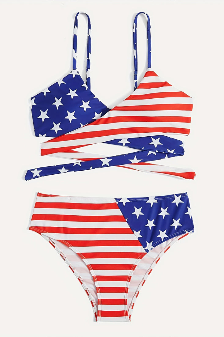 Sexy American Flag Bikini Red White Stripe Strappy 2Pc Swimsuit