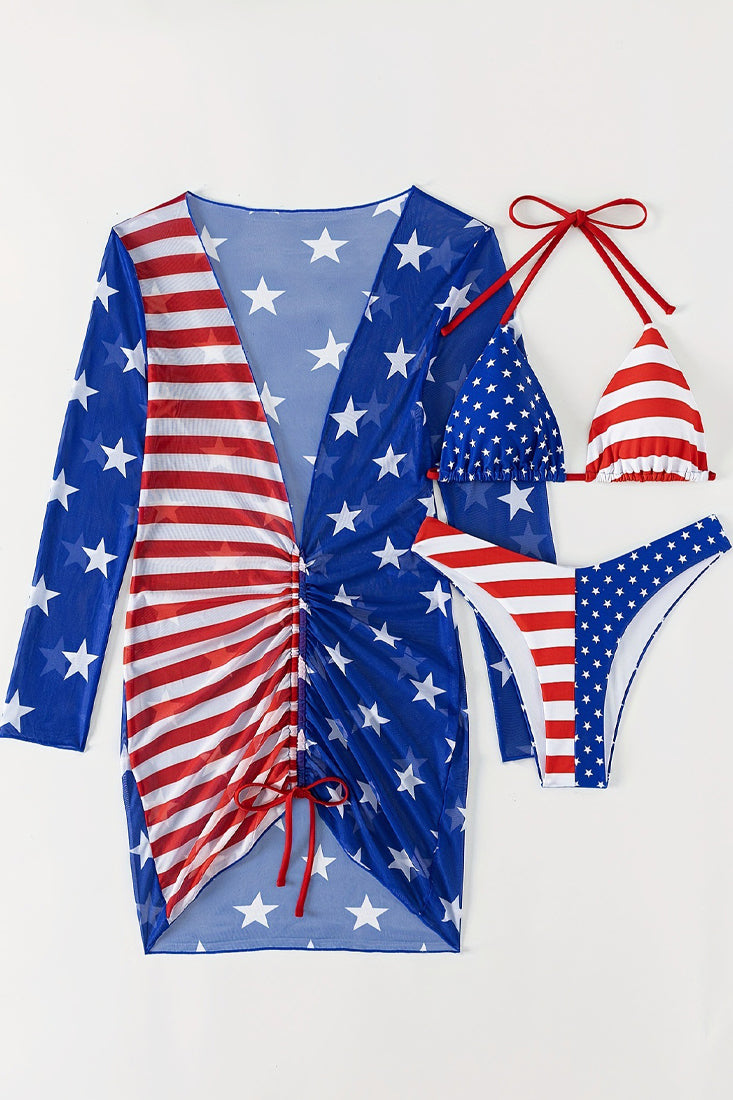 Sexy American Flag Triangle Bikini Cheeky Bottom Mesh Cover-Up 3Pc Swimsuit Set