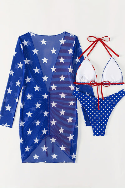 Sexy American Flag Triangle Bikini Cheeky Bottom Mesh Cover-Up 3Pc Swimsuit Set