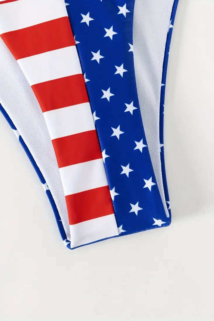 Sexy American Flag Triangle Bikini Cheeky Bottom Mesh Cover-Up 3Pc Swimsuit Set