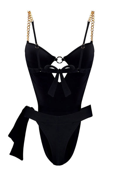 Black Gold Chain O-Ring High Cut Wrap Waist Sexy Monokini 1Pc Swimsuit