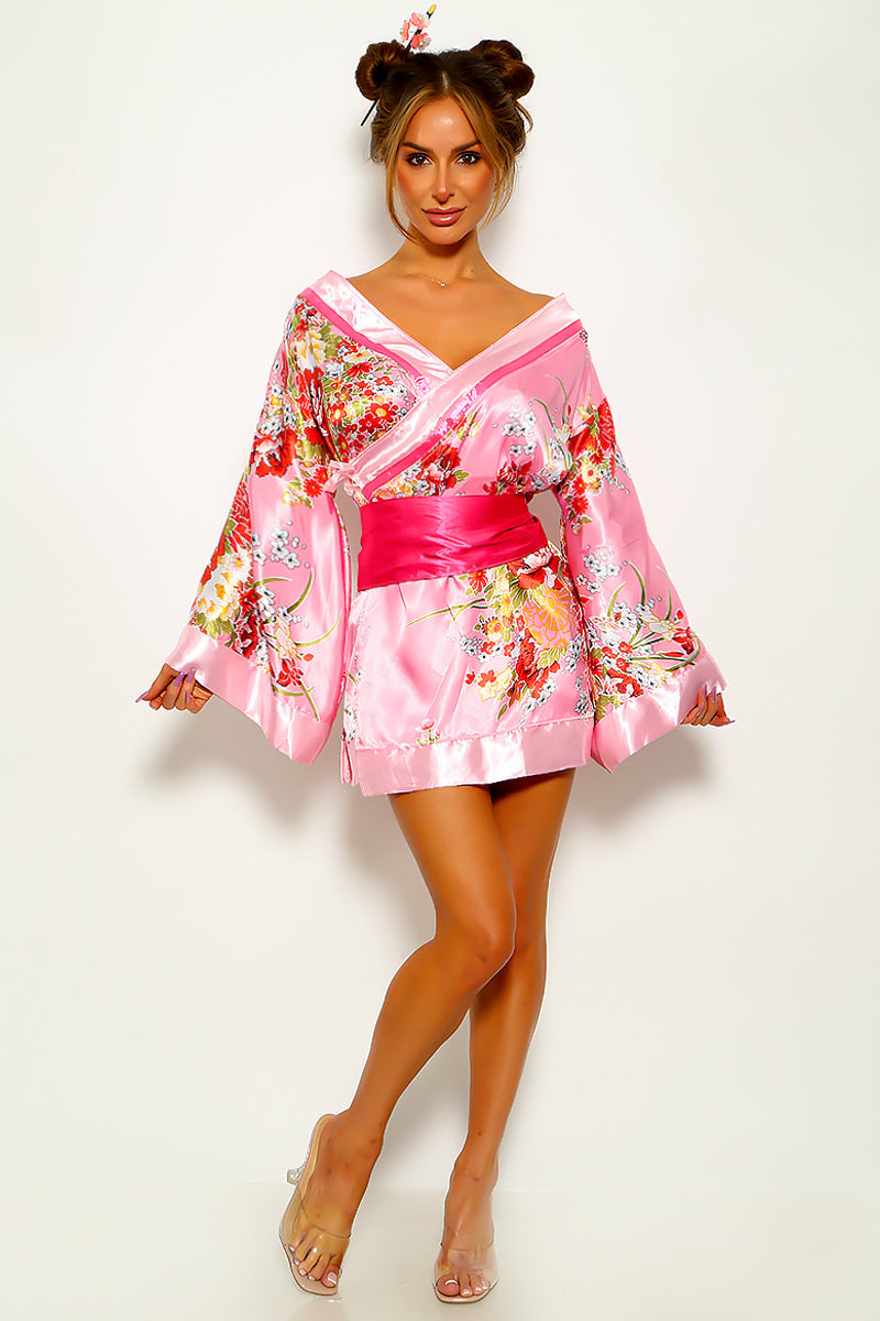 Pink Floral Print Geisha Japanese Kimono Bow Belt Costume