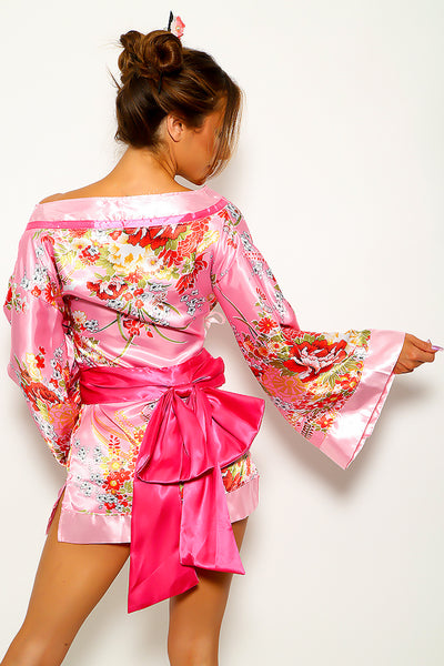 Pink Floral Print Geisha Japanese Kimono Bow Belt Costume