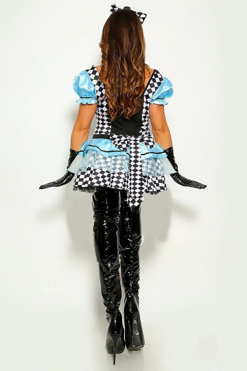Light Blue Black White Checker 4 Pc Alice Character Ruffle Costume