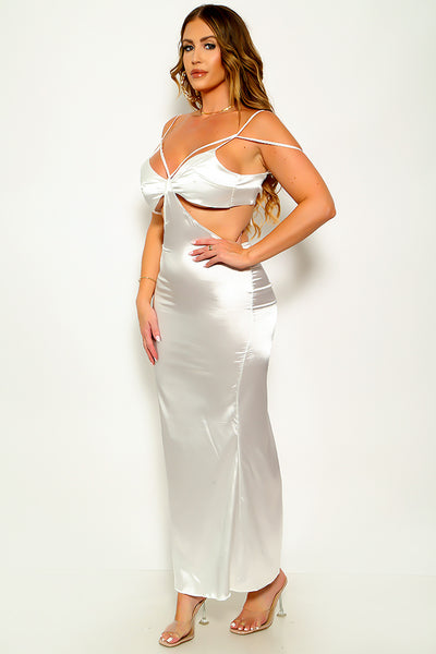 White Satin Cut-Out Maxi Off The Shoulders Strappy Sexy Vacation Dress